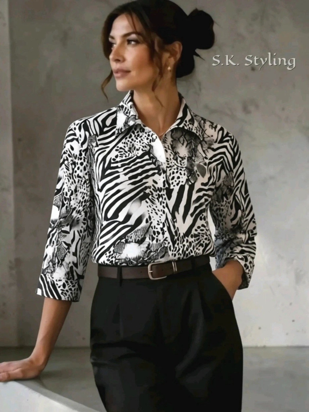 Kim Rogers Button-up Cotton Blouse Mixed Animal Prints Floral Embroidered 16P XL
